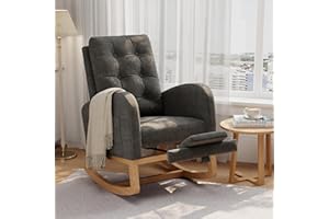 Nursery Rocking Chair with Footrest - High Backrest, Sturdy Wooden Legs, Dark Gray Linen Upholstery, Comfortable Glider Rocke