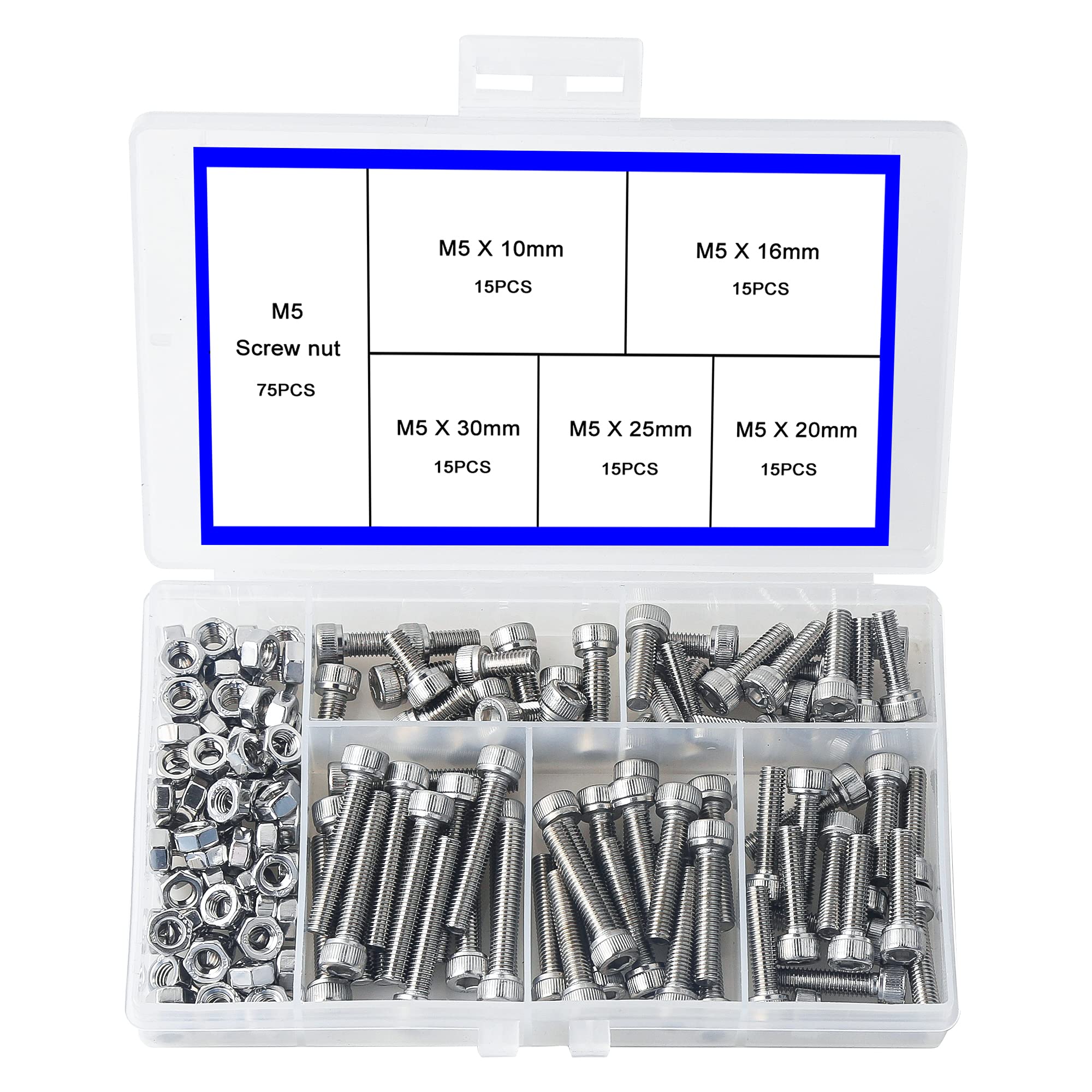 newlng M5 Nuts and Bolts Set 304 Stainless Steel Hexagon Socket Head Cap Screws Hexagon Socket Head Screw Head Mechanical Parts Bolt And Nut Combination Box