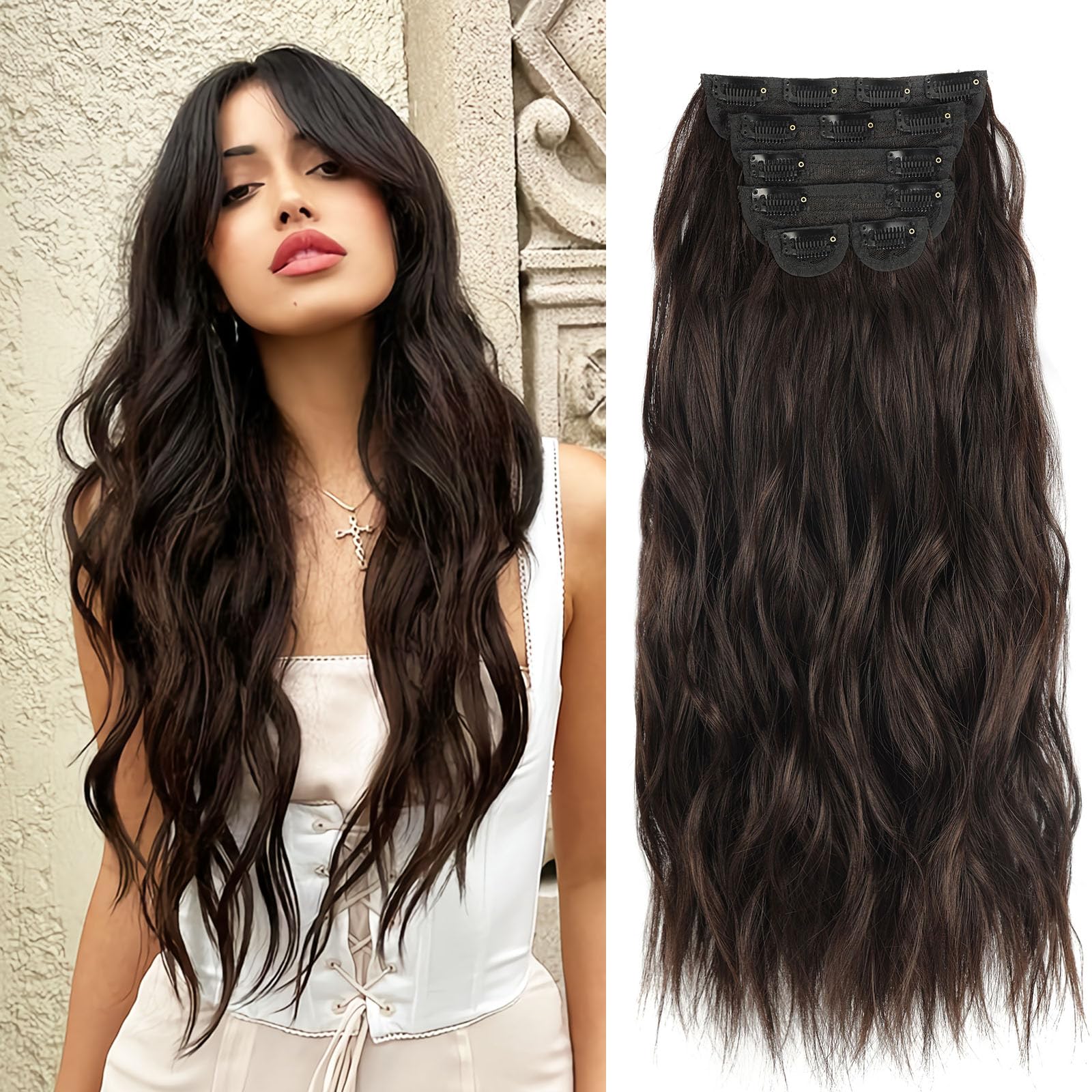 BEAUTY ON LINE Clip in Hair Extensions 6PCS Long Wavy Clip in Extensions 20inch Long Double Weft Hair Piece Light Brown Synthetic Hair Extension for Women