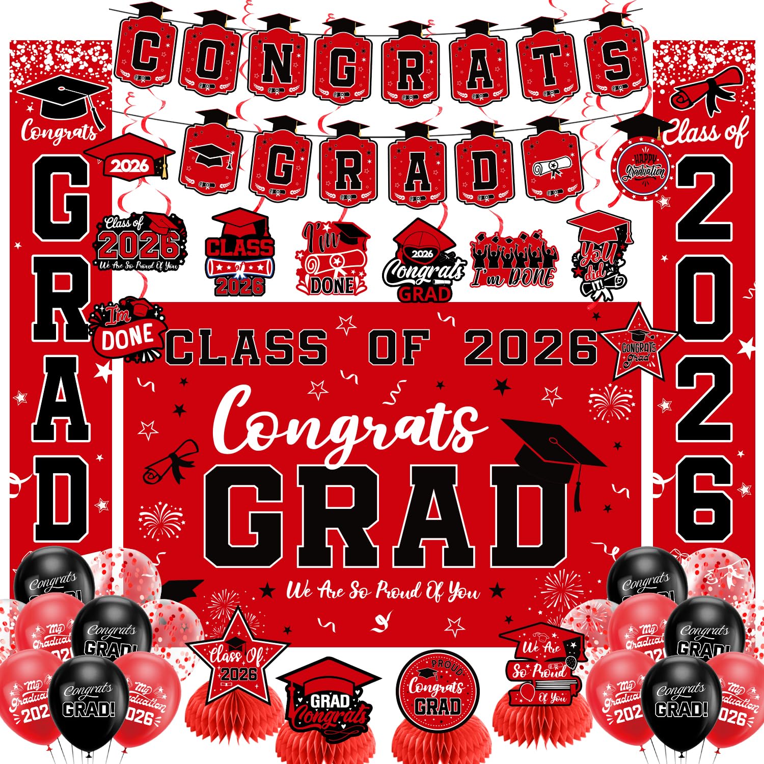 Graduation Decorations 2026 Red Set, Congrats Grad Decor Set with Banner Backdrop Porch Sign,Hanging Swirls Honeycomb Centerpieces Balloons for Grad Party Decorations (Red)