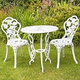 Home Source Rose Garden Patio Bistro Set Table & 2 Chairs, White Metal view 2