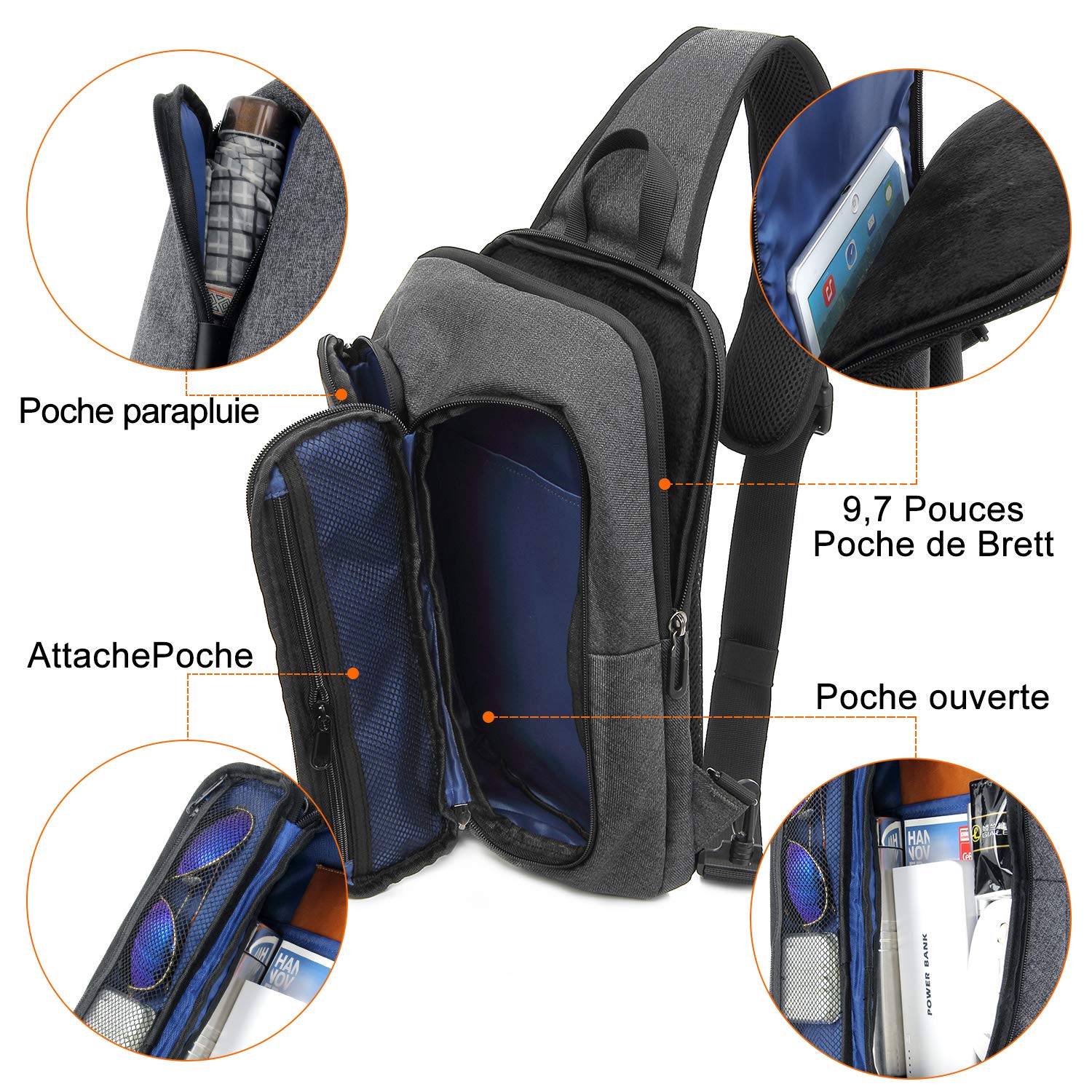KINGSLONG Sac de Poitrine Homme Sacs à dos porté travers ...