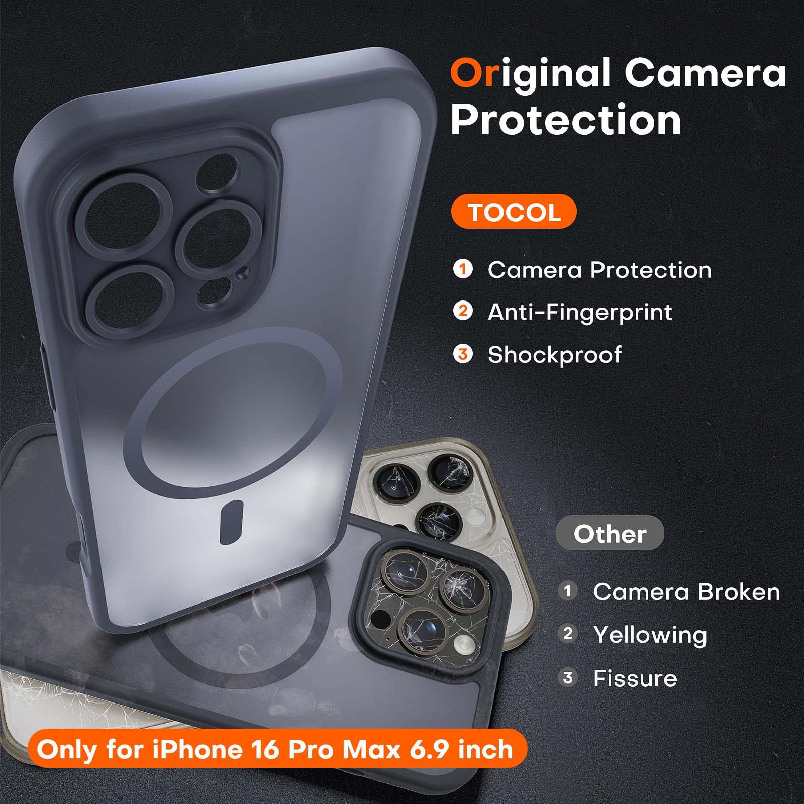 TOCOL for iPhone 16 Pro Max Case, Compatible with Magsafe, Full Camera Protection, Drop Protection, Magnetic Translucent Matte Back Bumper Phone Case for 16 Pro Max 6.9-Inch (Black)