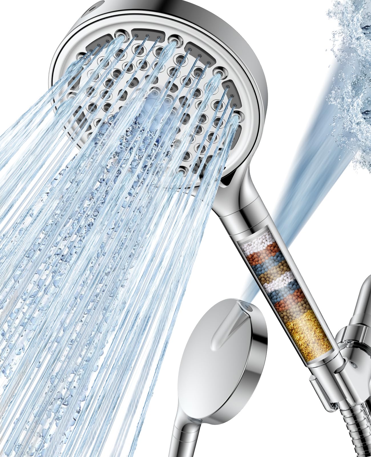 DAKINGS 6 Spray Modes Filtered Handheld Showerhead Set, Huge 6-Inch High Pressure Shower Head with Handheld Spray, Chrome Water Softener Shower Head for Hard Water, Built-in Power Wash to Clean Tub Image