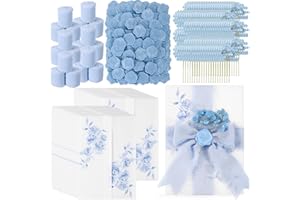 Fullhawl 100 Sets Wedding Invitations Wraps Set Pre Folded Vellum Jackets for 5 x 7 Invitations Dried Flowers Wax Seal Stickers Chiffon Silk Ribbon for Wedding Birthday Bridal Shower Craft DIY (Blue)