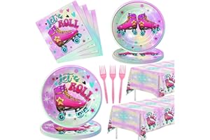 APOWBLS Roller Skate Birthday Party Supplies For Girl - Roller Skating Party Supplies Tableware, Paper Plates, Napkins, Tablecloth, Forks, Let's Roll Roller Skate Birthday Party Decorations | Serve 24