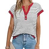 Women's Sweater Vest Spring Summer Button V Neck Striped Pullover Tank Top Cap Sleeve Knit Sweaters Tops