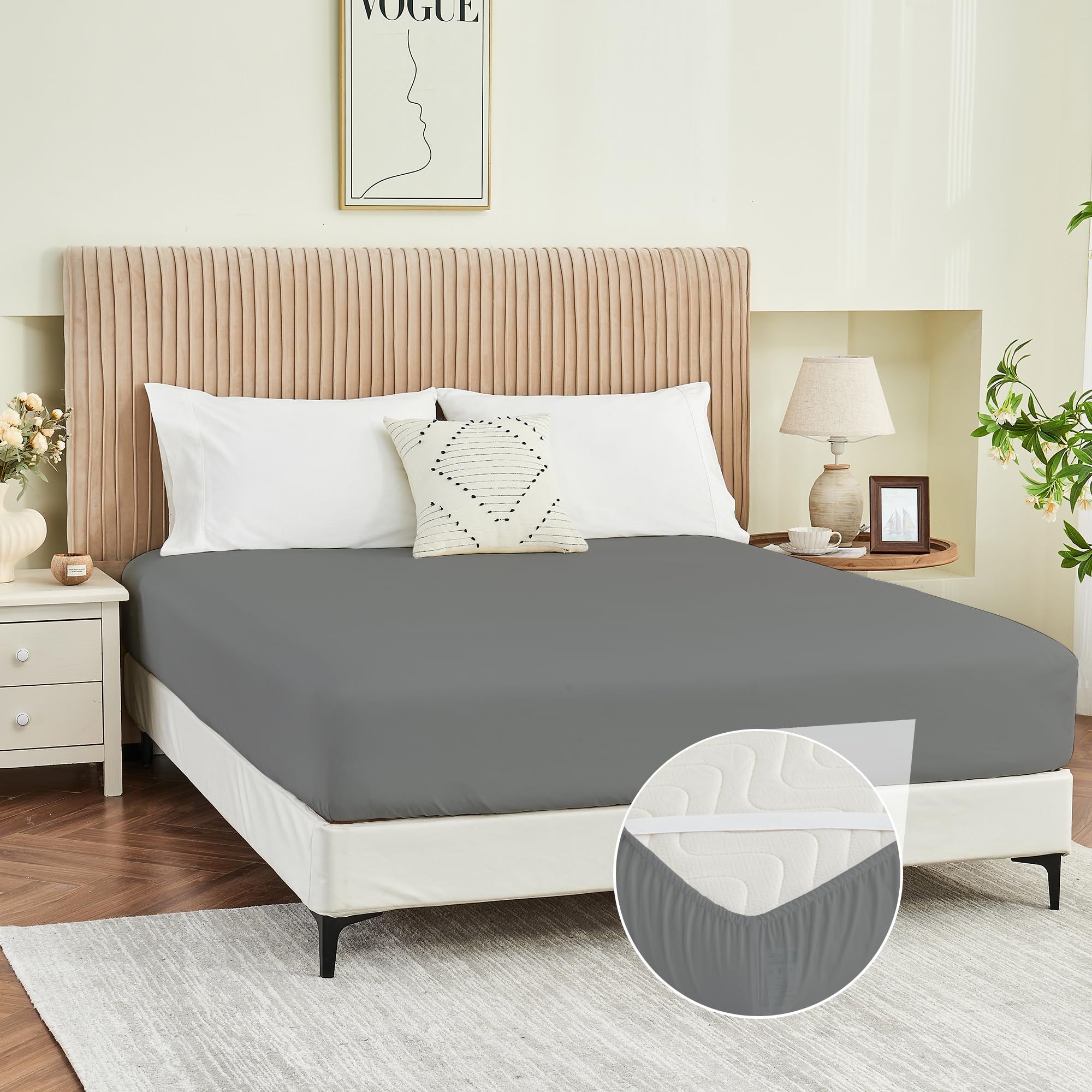 Photo 1 of Yuurom King Fitted Sheet Only, Corner Straps Ultra Soft Brushed Microfiber Hotel Quality Bottom Sheet, Deep Pocket Fits 8-14 inches Mattresses, Luxury Durable Sheets for King Size Bed, Dark Gray