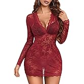 Avidlove Women's Lace Long Sleeve Babydoll Lingerie Dress And Thong Set Sexy Deep V-Neck Party Clubwear Outfits Mesh Bodycon