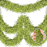 25 Feet Light Green Christmas Tinsel Garland, Metallic Foil Twist Garland Wall Hanging Tinsel Banner Backdrop for Parade Floats, Easter, Mother's Day, Birthday Party Decorations (4in x 25ft)