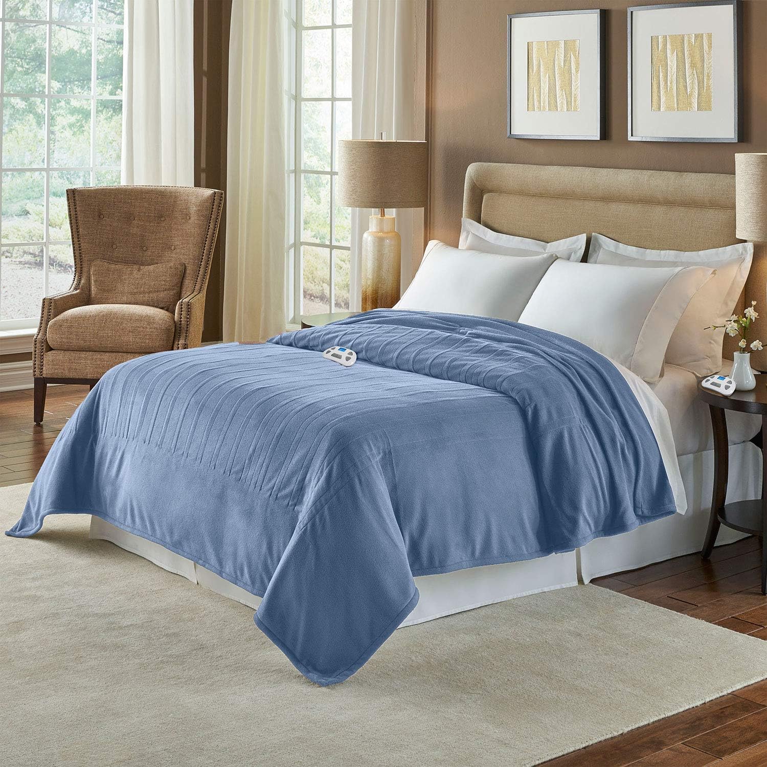 Pure Warmth 874126 Micro Fleece Electric Heated Warming Blanket Queen Slate Blue Washable Auto Shut Off 10 Heat Settings: Home & Kitchen