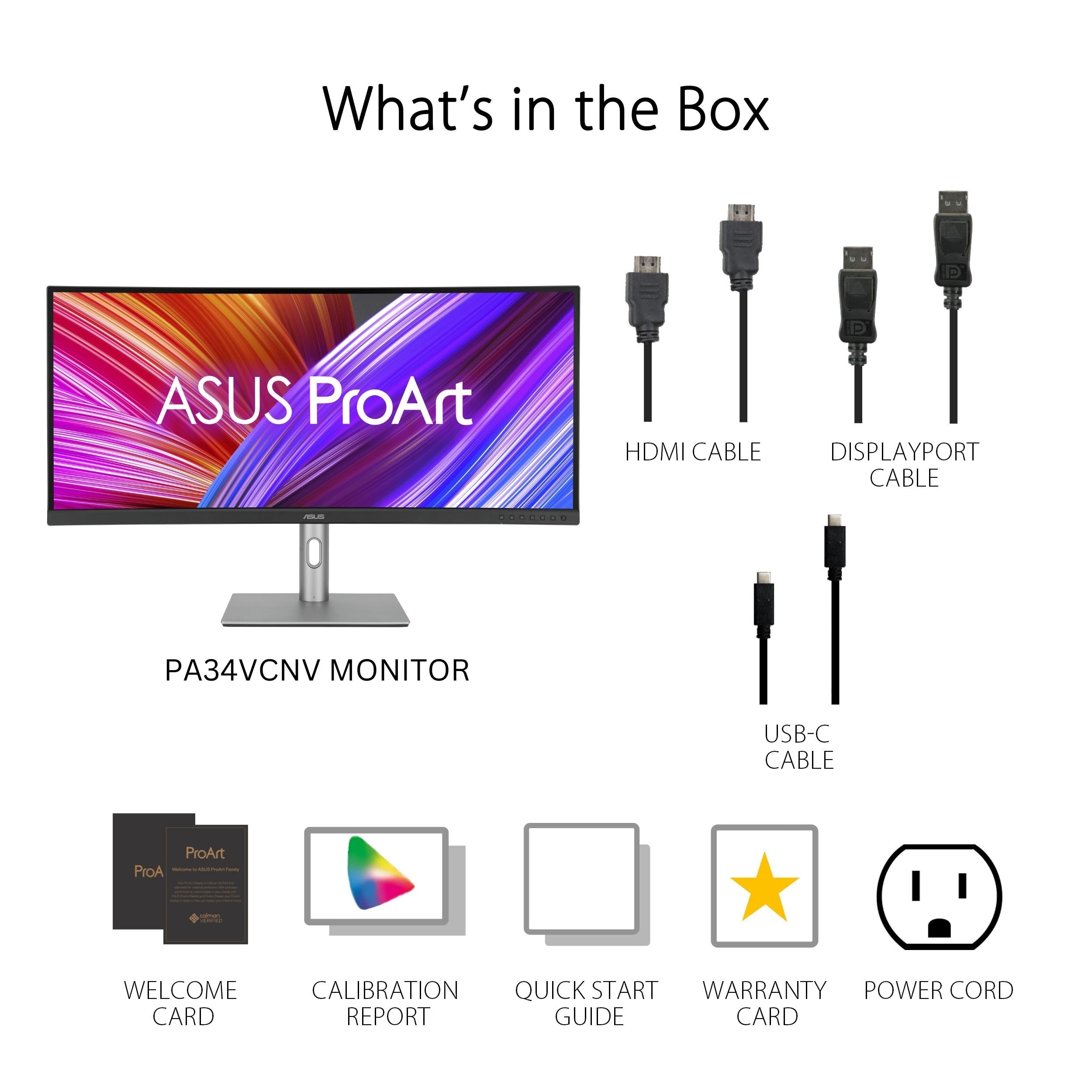 ASUS ProArt Display 34” Ultrawide Curved Professional HDR Monitor (PA34VCNV) - IPS, 21:9 3440 x 1440, 3800R Curve, 100% sRGB/Rec709, ΔE2, Calman Verified, USB-C Docking PD 96W, RJ45, 3 Year Warranty