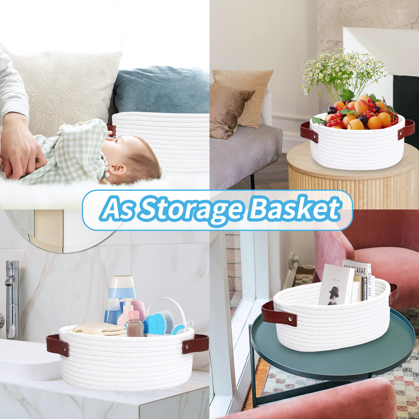 ABenkle Small Woven Basket, Mini Cotton Rope Storage Tiny Shelf Oval Decorative Toy Dog Cat Bin for Nursery, Empty Gift Basket with Gift Bags and Ribbon, Baskets for Mother's Day Gifts - White