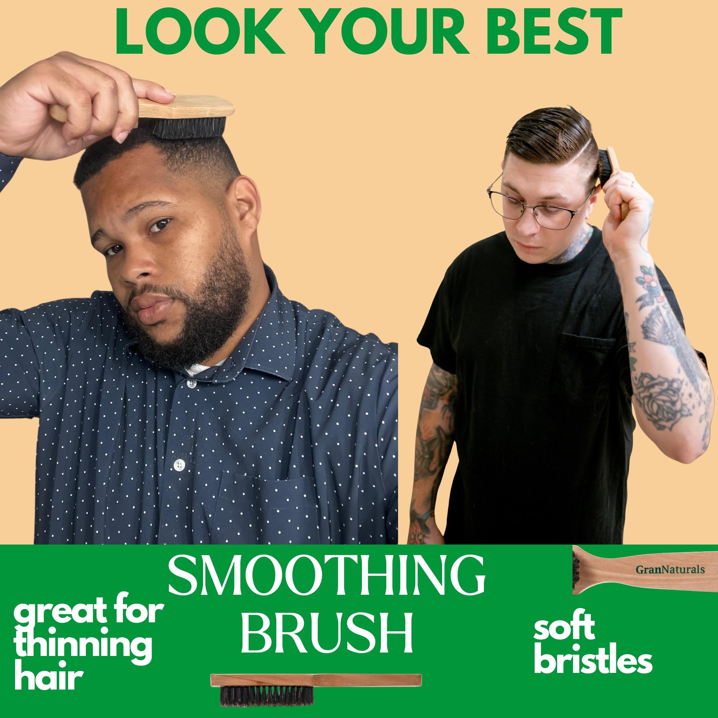 GranNaturals Soft Mens Boar Bristle Hair Brush - Natural Wooden Club Style Wave Hair Brush for Men - Styling Beard Hairbrush for Fine, Thin or Thick Hair