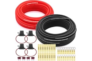 Taukealugs AWG 10 Gauge Wire Cable CCA (50ft Each-Black/Red) with Ring Fork Spade Splices,Heat Shrink Connectors,Fuse Holder and 40A Fuses for Power/Ground Cable,Car Audio Speaker