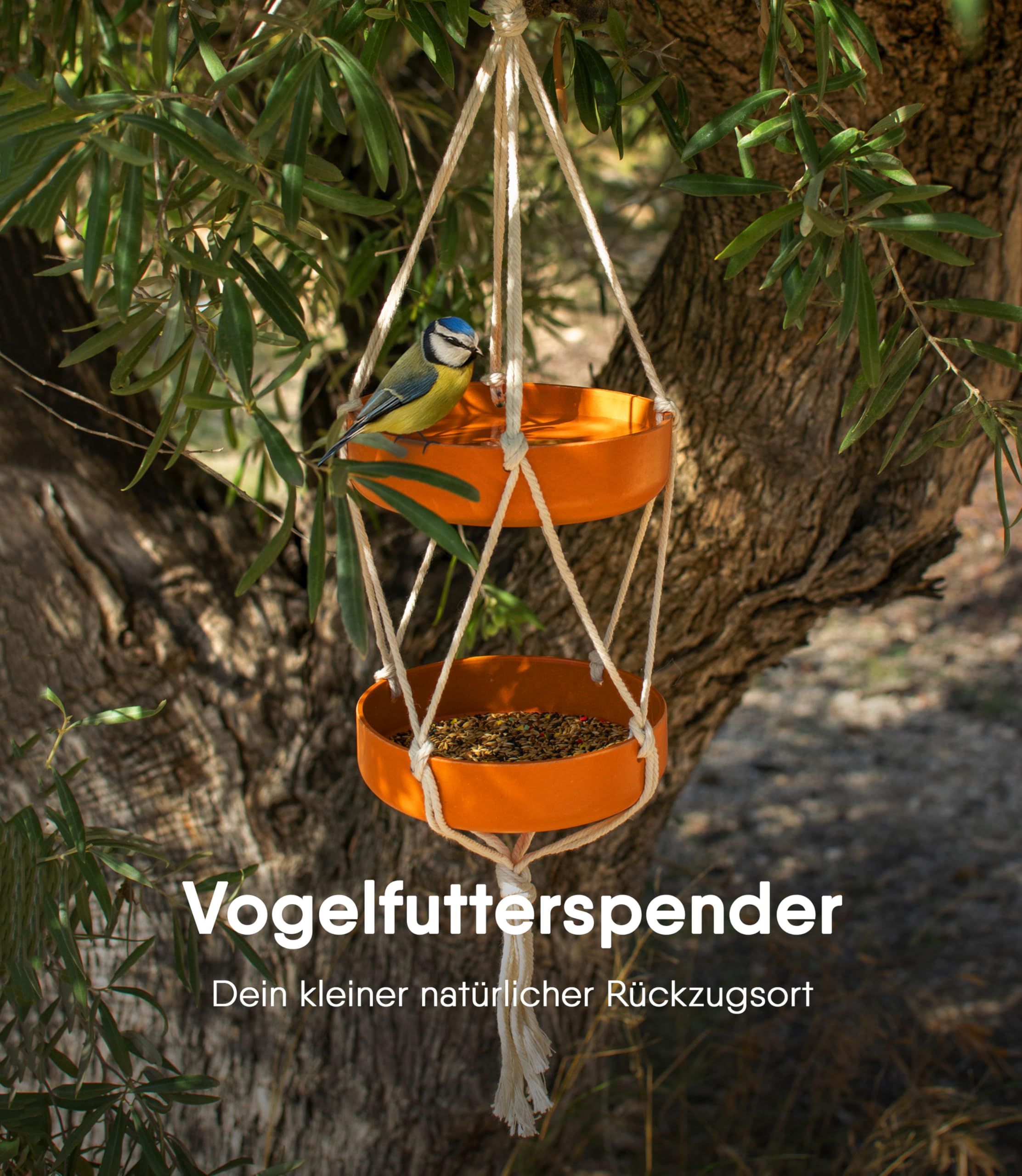Vogelfutterstation für den Außenbereich mit doppeltem Tablett aus Bambusfaser und Baumwollseil Vogeltränke für Garten Balkon und Terrasse Futterstation für Wildvögel robust 2
