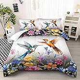AILONEN Hummingbird Comforter Set Queen Size, 3D Colorful Flowers Hummingbird Bedding Set for All Ages,Black Watercolor Wild Animals Theme Duvet Set,1 Quilt and 2 Pillowcases,3-Piece