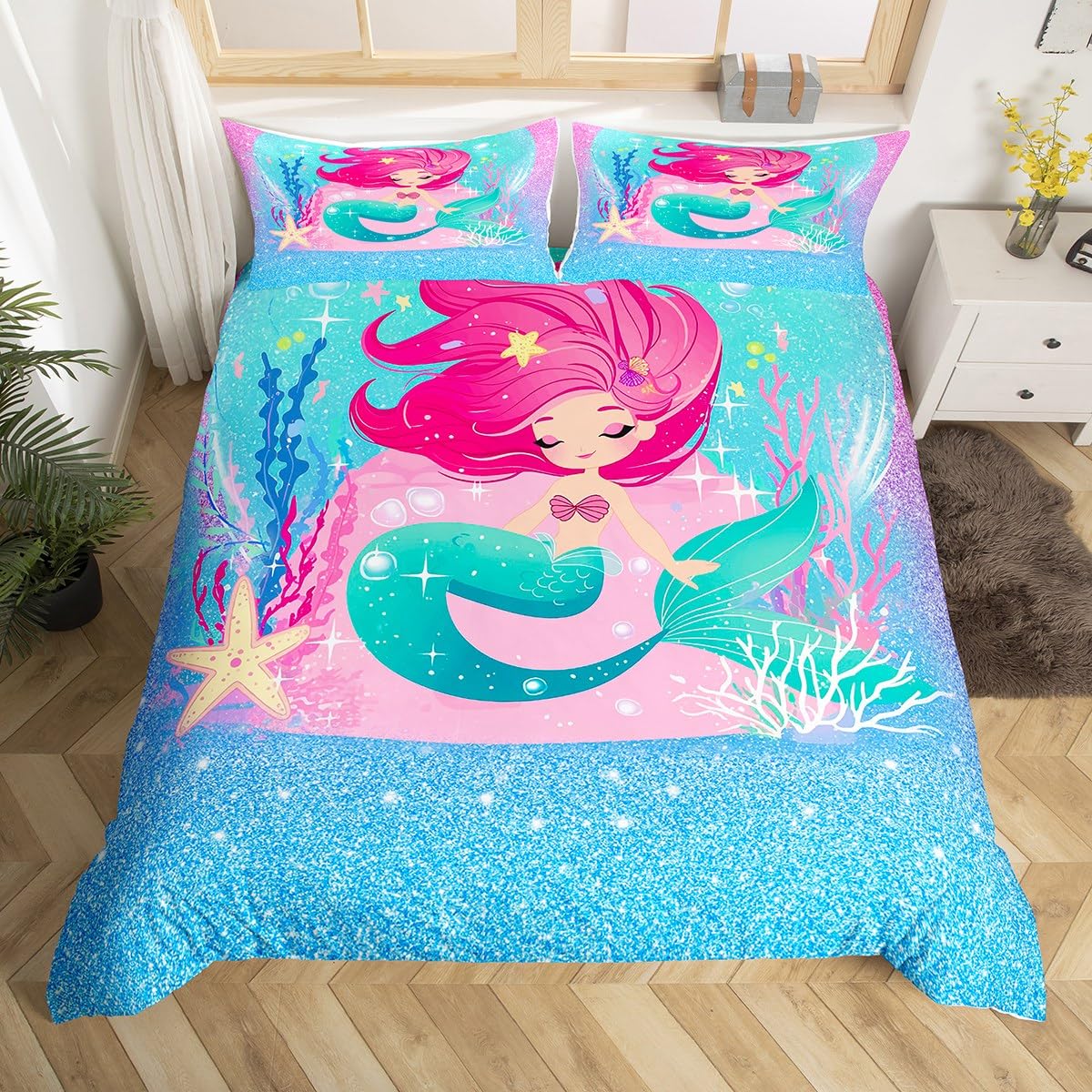 Girls Mermaid Single Size Duvet Cover Glitter Mermaid Comforter Cover Set for Kids Boys Girls Ocean Bedding Set Creature Sealife Bedspread