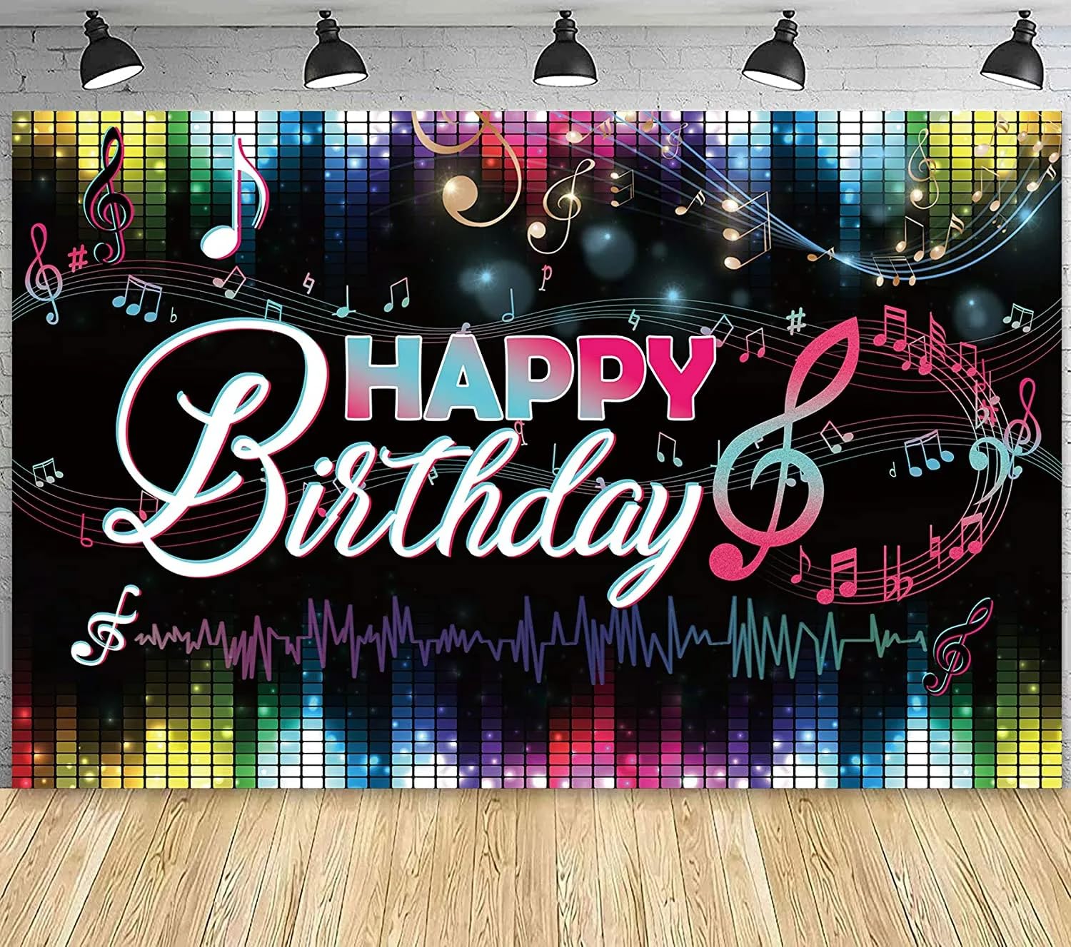 Photo 1 of (BAGGED) (BANNER ONLY) 7x5ft Musical Theme Happy Birthday Photography Backdrop Neon Music Banner Photo Shoot Background Artistic Music Party Supplies