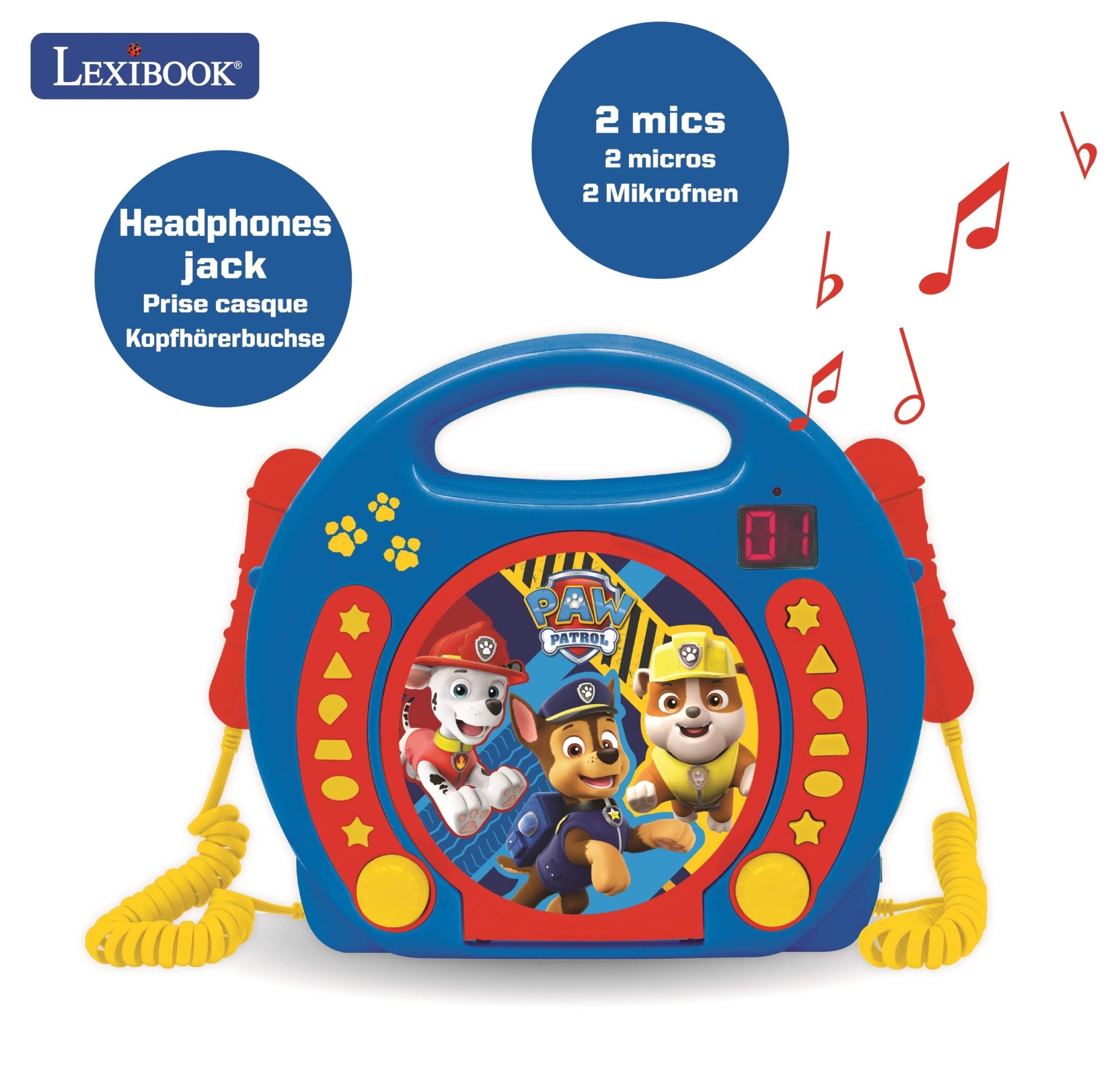 Lexibook Paw Patrol Chase Marshall, Karaoke CD Player with 2 Microphones, Programming Function, Headphones Jack, for Kids, with Power Supply or Batteries, Blue/Red, RCDK100PA