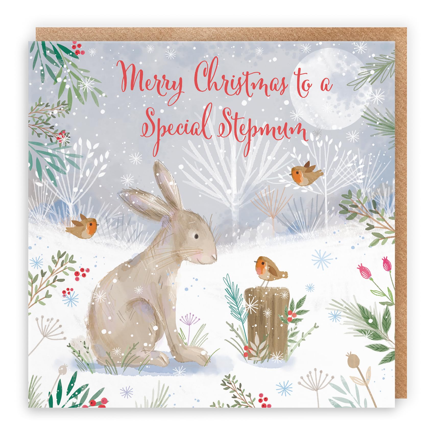 Hunts England - Stepmum Cute Hare Christmas Card - Nature's Treasures - Happy Animal Wildlife Cute Fun Merry Xmas Card - Robins And Snow - From Stepson, Stepdaughter, Stepchildren - From Kid