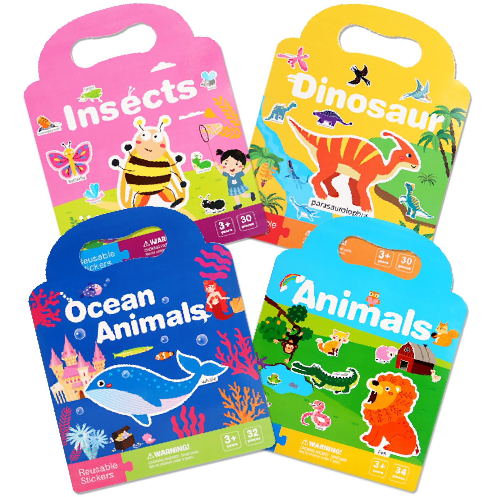 Acuiwer Reusable Sticker Books 4 Pack, Animals Insects Sticker Book with 3D Puffly Waterproof Reusable Stickers Books for Kids 3+ Kids Travel Activity Packs