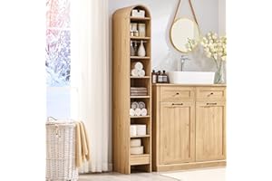 IFBUY 67" Tall Arched Bathroom Storage Cabinet, 8-Tier Modern Farmhouse Storage Cabinet with Adjustable Shelves, Wood Freestanding Cabinet for Bathroom, Living Room, Entryway, Hallway (Natural)