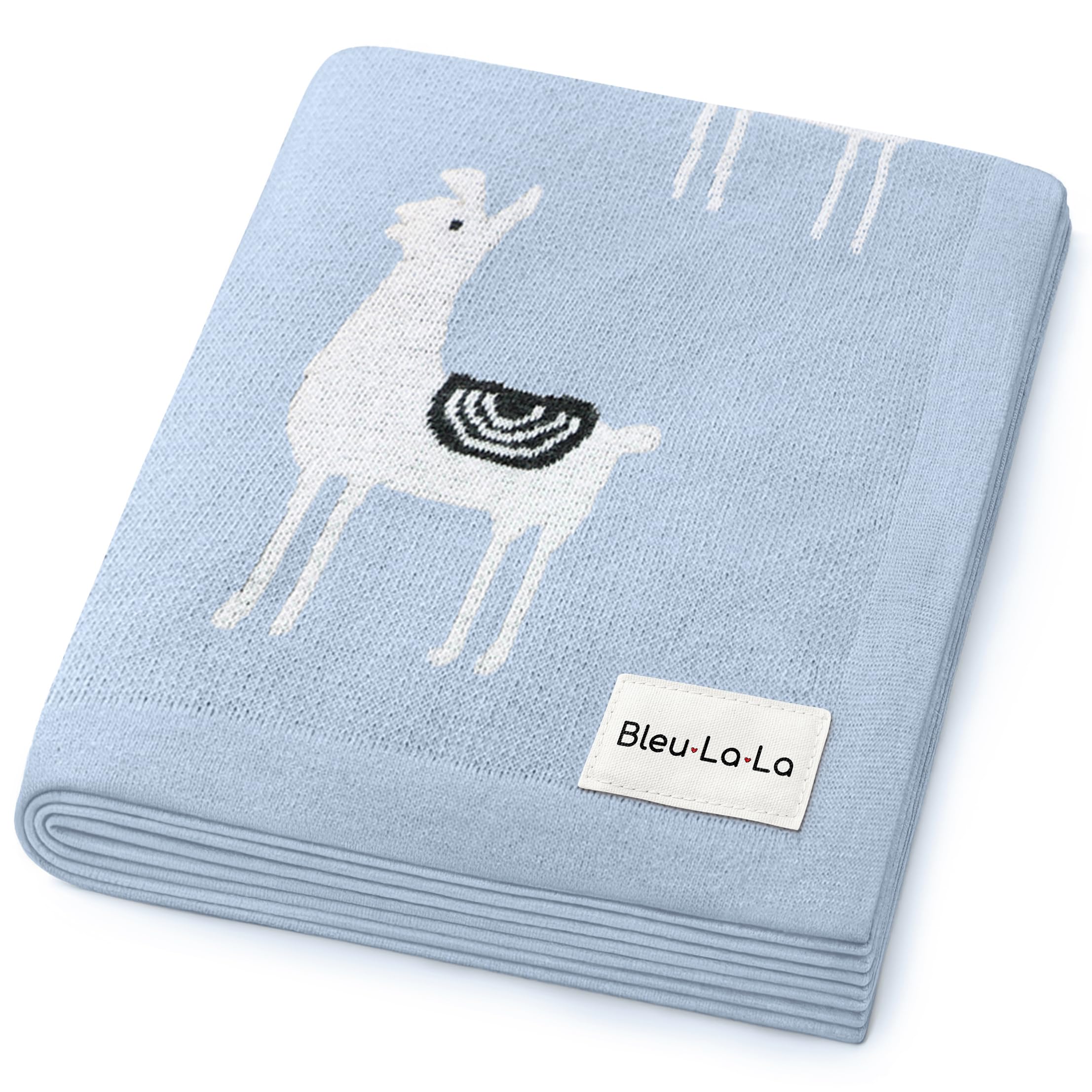 Bleu La La Knit Baby Swaddle Blanket - 100% Cotton Soft Cozy Receiving Swaddle Crib Stroller Blanket for Shower Gift Registry for Newborns, Infants, Toddlers (Llama - Baby Blue)