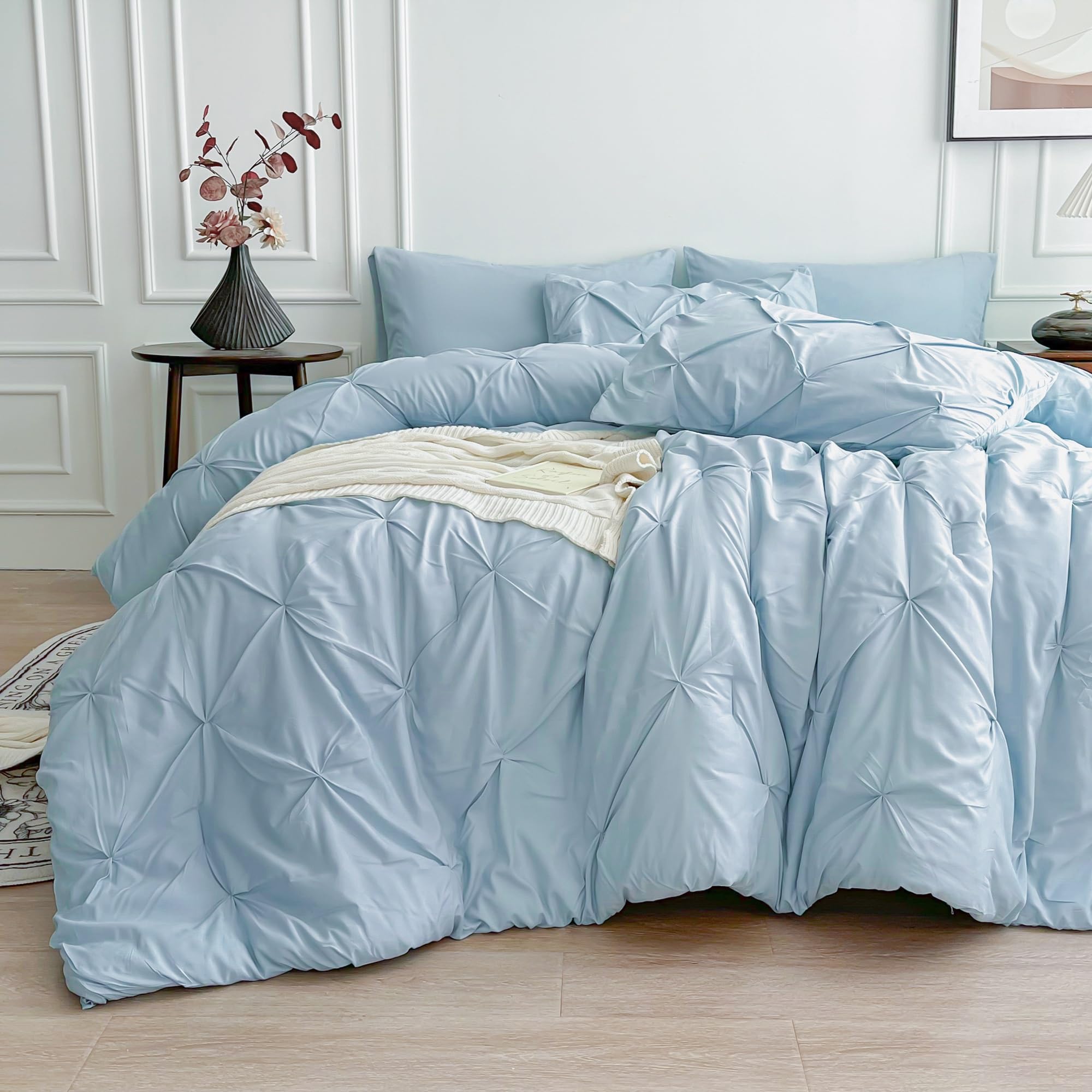 Maple&Stone Full Size Comforter Sets, 7 Pieces Bedding Sets Full, Pintuck Bed in a Bag Bed Set with Comforter, Sheets, Pillowcases & Shams - Light Blue Image