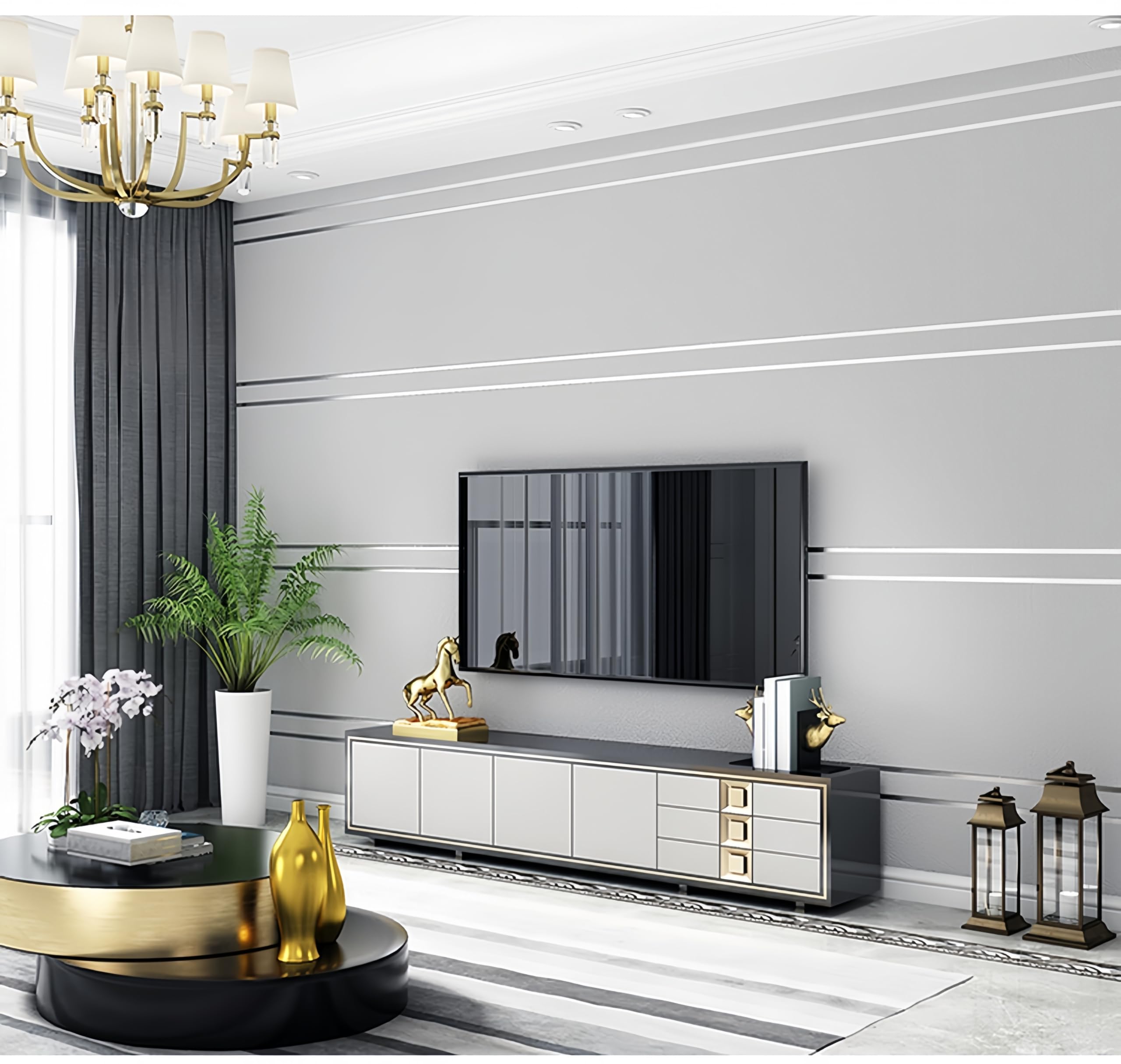 Mwpqbd Deerskin Velvet high-end 3D Wallpaper Nordic Geometric Lines Modern Simple Living Room Lighting Luxury Background Wall Non-Woven Peel Stick Wallpaper (9.5M Silver Gray Aluminum foil Plate)