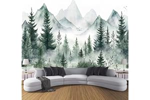 3D Wall Mural Ink Painting Pine Forest Print Photo Wallpaper, Green Non-Woven Wall Mural Decoration Mountains Fog Picture, 30