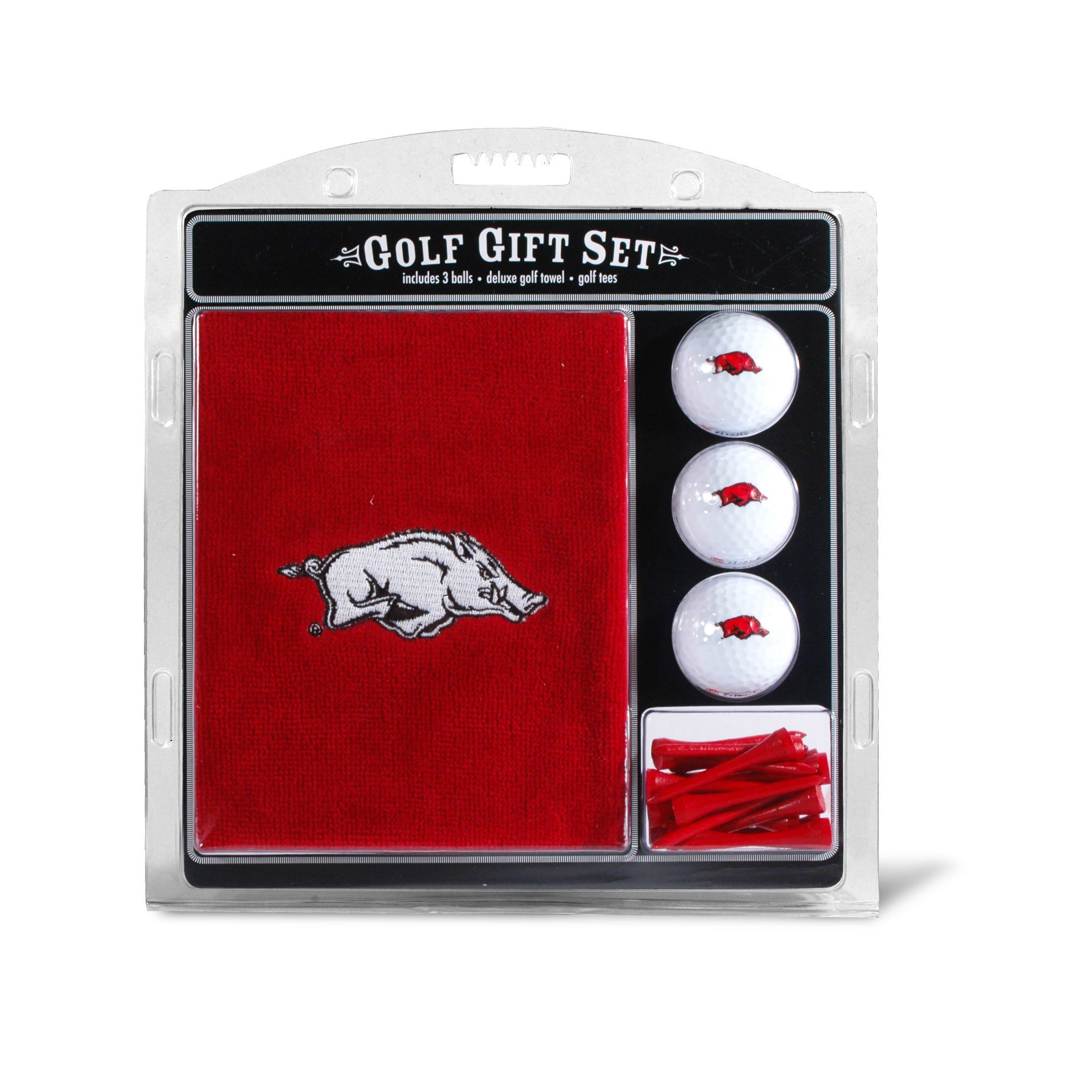 Team Golf NCAA Arkansas Razorbacks Gift Set: Embroidered Golf Towel, 3 Golf Balls, and 14 Golf Tees 2-3/4" Regulation, Tri-Fold Towel 16" x 22" & 100% Cotton