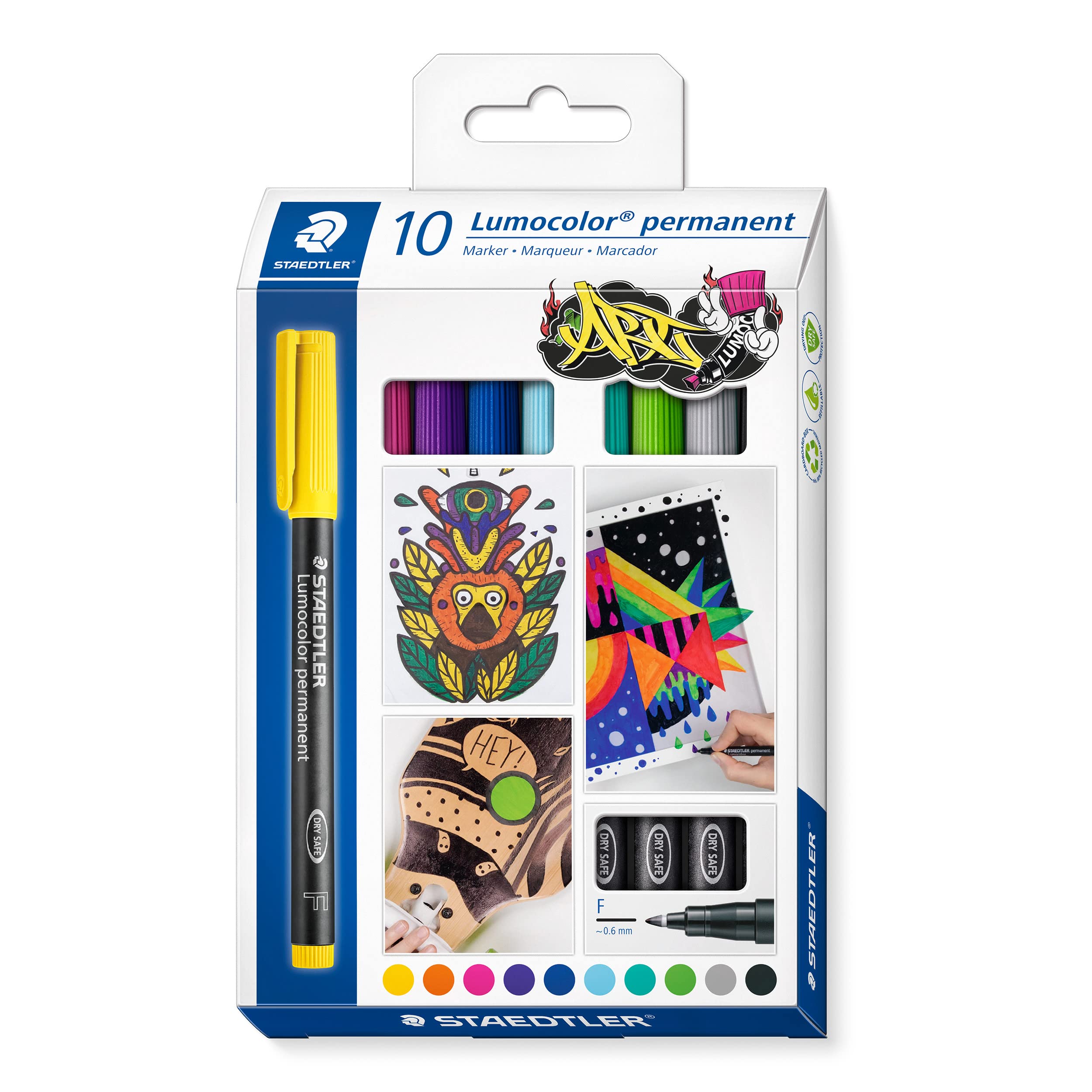 STAEDTLER 318 C10 Lumocolor Permanent Pen, Fine Line Width, 0.6mm - Assorted Colours (Pack of 10)