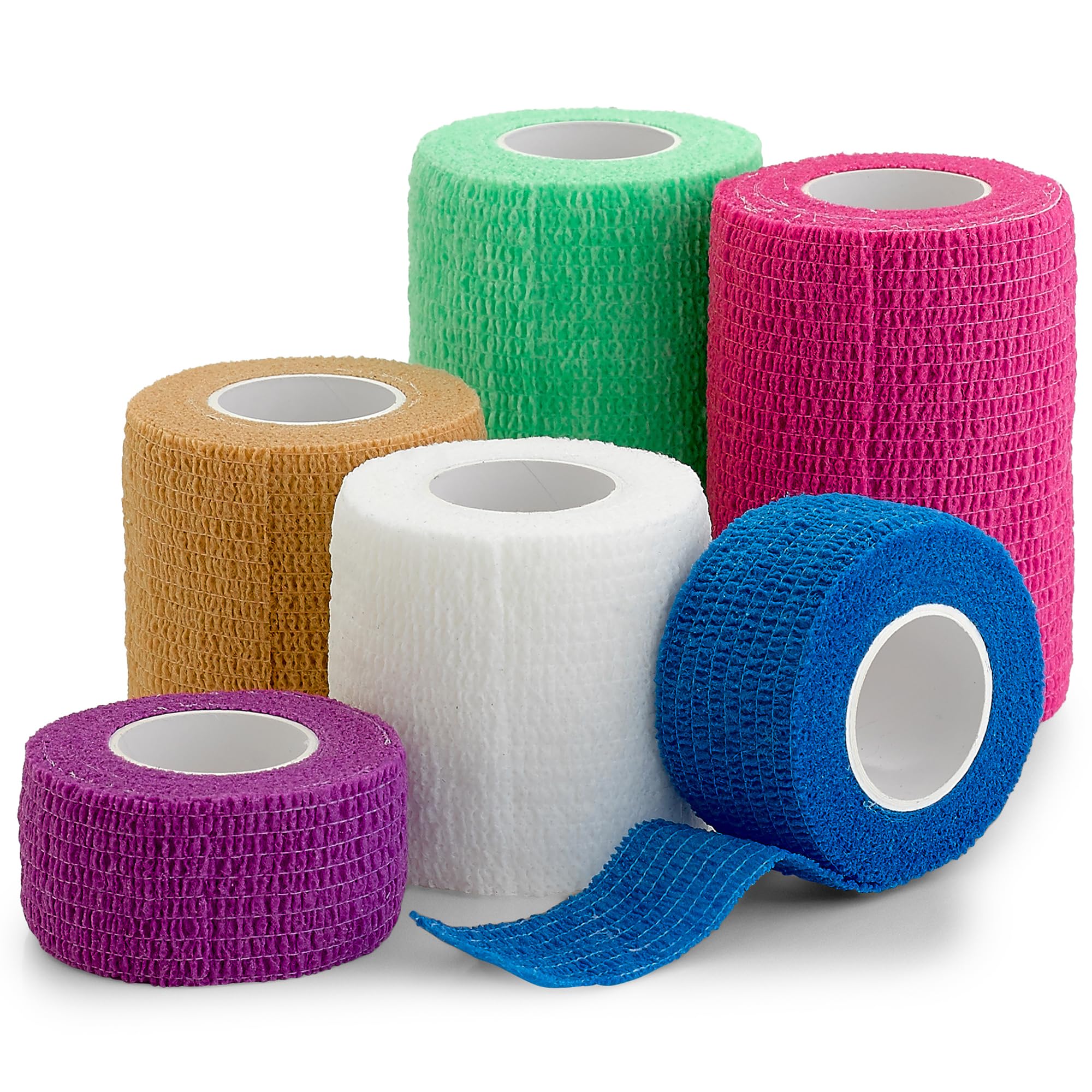 6 Pack, Self Adherent Cohesive Tape - 1" 2" 3" x 5 Yards Combo Pack, Self Adhesive Bandage Rolls & Sports Athletic Wrap for Ankle, Wrist, Sprains and Swelling, Vet Wraps in Neon Colors - FDA Approved
