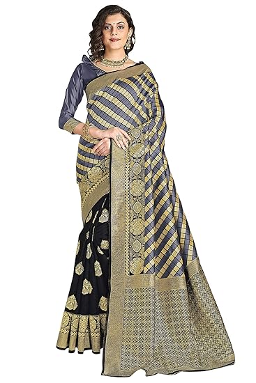 Womens Silk Blend Banarasi Saree (Bridal_Silk121_Grey_Grey)