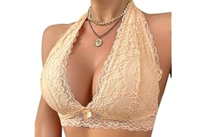 Viomisha Floral Lace Halter Bralette for Women Unpadded Wirefree Lace Bra Halter Crop Top with Hook and Eye Closure Back