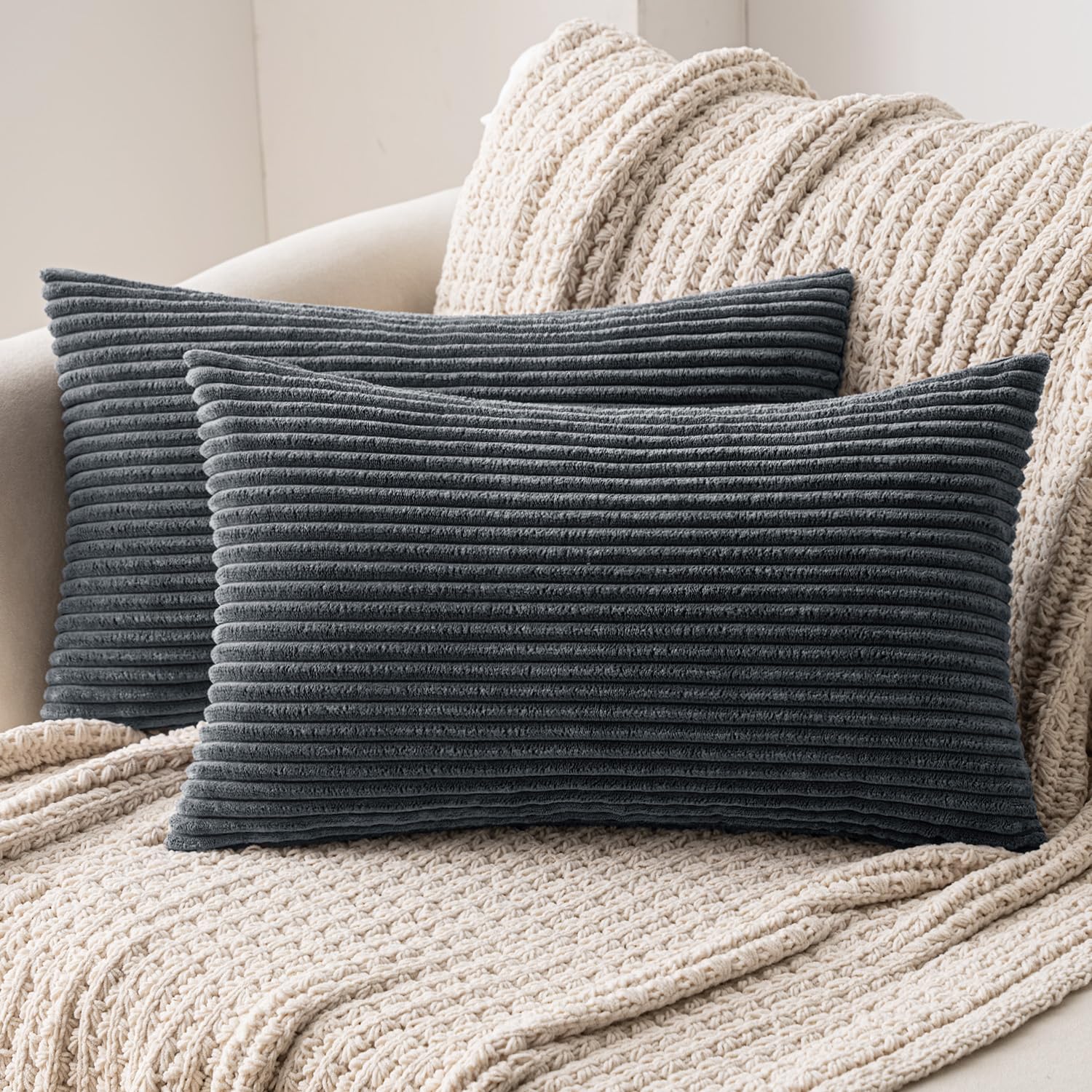 MIULEE Striped Corduroy Fabric Square Throw Pillow Case,Solid Cushion Cover Sham Home for Sofa Chair Couch/Bedroom Livingroom Decorative Pillowcases Grey 12"x20" 2 Pieces — image 1