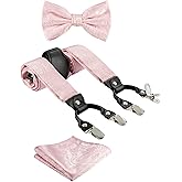 TIE G Paisley Suspender, Bow Tie, Pocket Square Set for Men's Tuxedo Suspenders : Adjustable Braces, Strong Enhanced 6 Clips