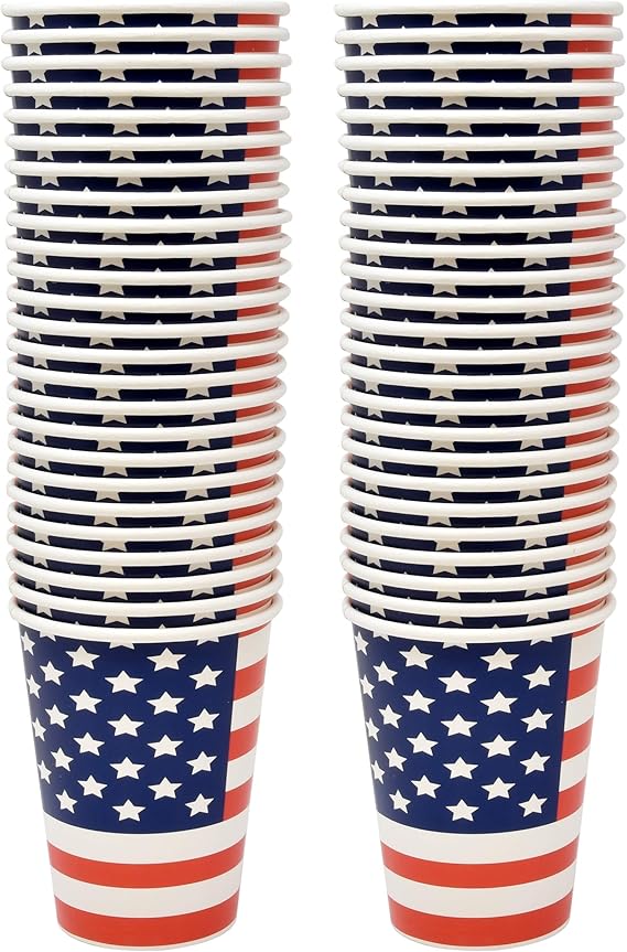 50 Patriotic Disposable Cups Paper 12 Oz. American Flag Fourth of July