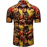 fohemr Mens Halloween Shirt Ugly Pumpkin Print Casual Short Sleeve Button Up Shirts Hawaiian Adult Party Costume