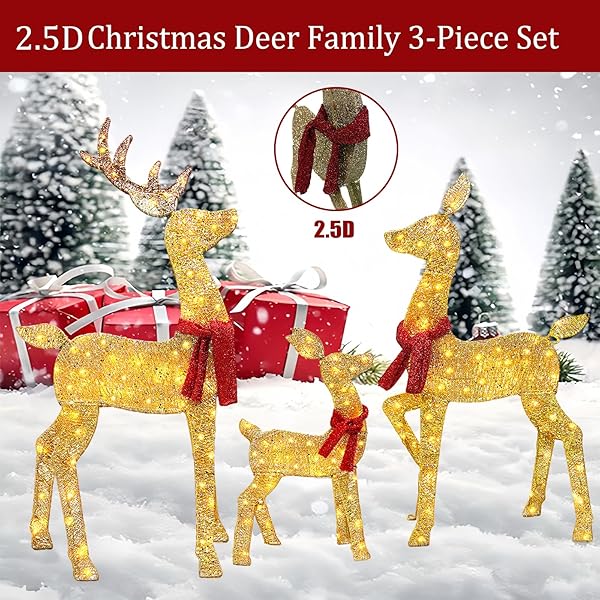 2025 NEW 4FT 2.5D LIGHTED CHRISTMAS DEER FAMILY SET, 48INCH 3-PIECE CHRISTMAS DECORATION OUTDOOR LIGHTED REINEER WITH 145 LED LIGHTS, PLUG FOR HOLIDAY FRONT YARD/PORCH/INDOOR DECOR- GOLD