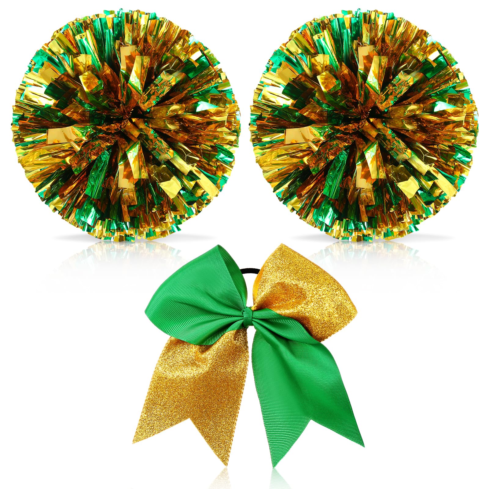 Photo 1 of Hanaive Cheerleading Pom Poms and Large Cheerleader Hair Bow 12 Inch Large Metallic Cheer Cheerleader Pom Poms for Sports Team Spirit Cheering(Green and Gold Mixed,Glitter)