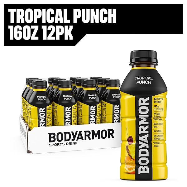 BODYARMOR SPORTS DRINK, TROPICAL PUNCH, ELECTROLYTE DRINK HYDRATION, 16 FL OZ BOTTLES (12 PACK), FLAVORED COCONUT WATER WITH B VITAMINS & ANTIOXIDANTS