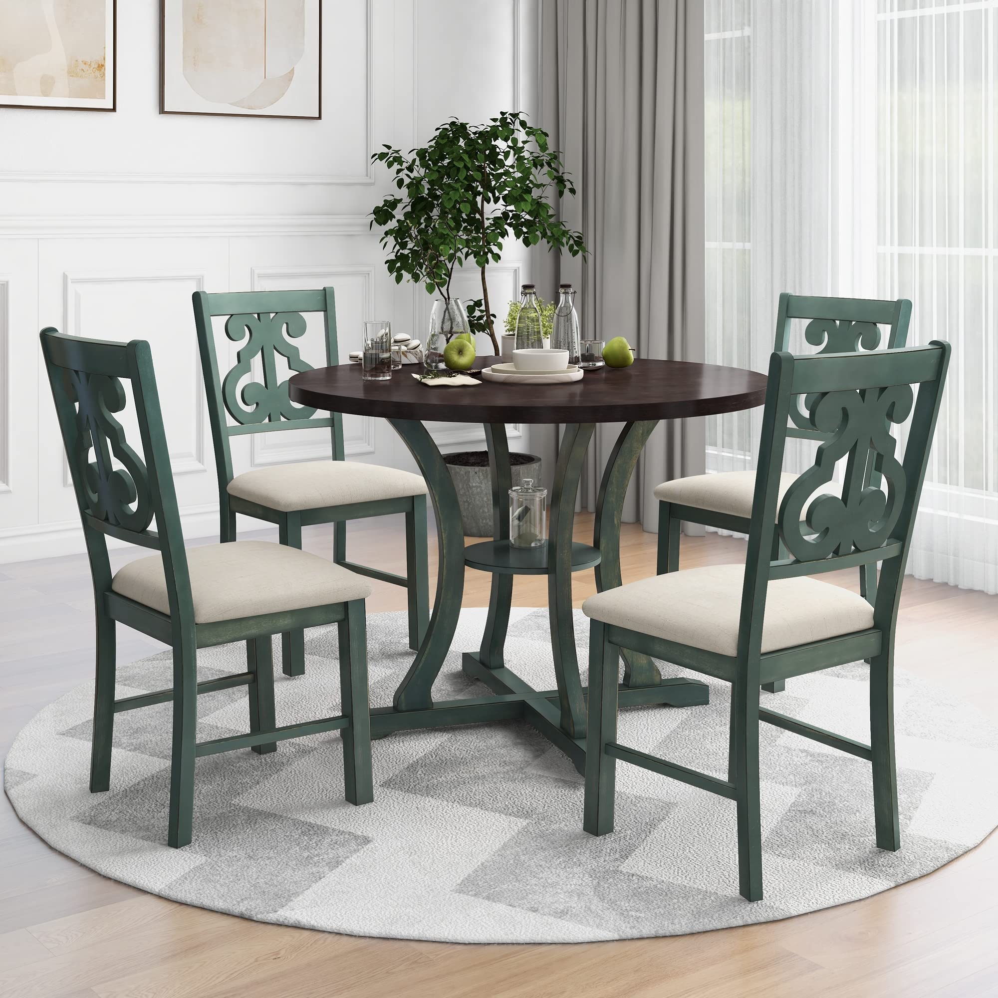 Photo 1 of **4 CHAIRS ONLY**Merax 5 Piece Round Dining Table Set 4 Retro Chairs with Special-Shaped Table Legs, Exquisitely Designed Hollow Chair Back for Dining Room, Antique Blue