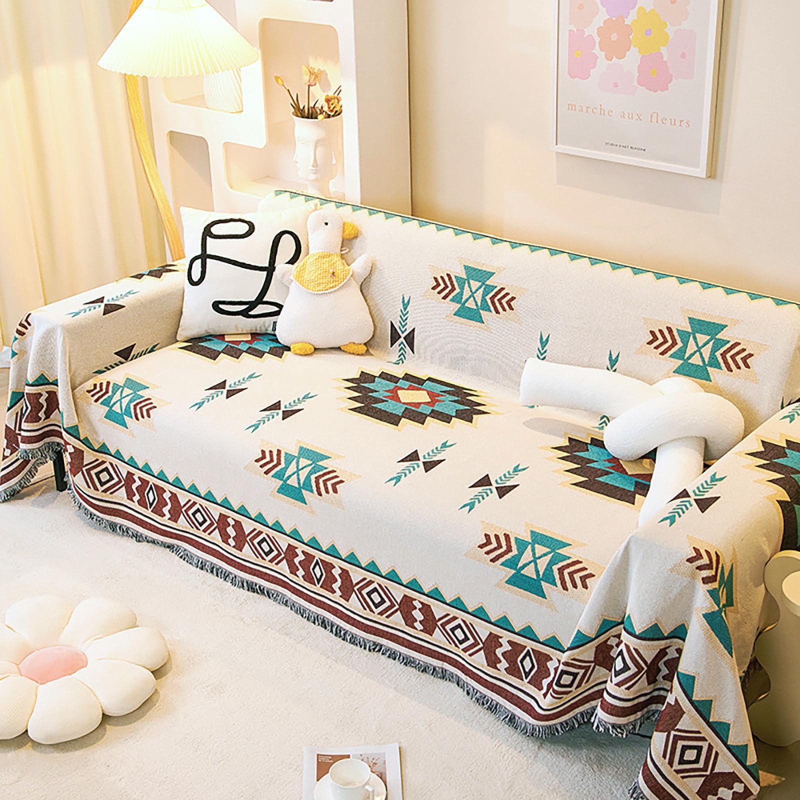 VANJOROY Aztec Navajo Sofa Large Throw Blanket for Single 2 Seater Settees,100% Handwoven Cotton Tribal Ethnic Bohemian Armchair Throw for Couch Sofa and Bed-130×180cm