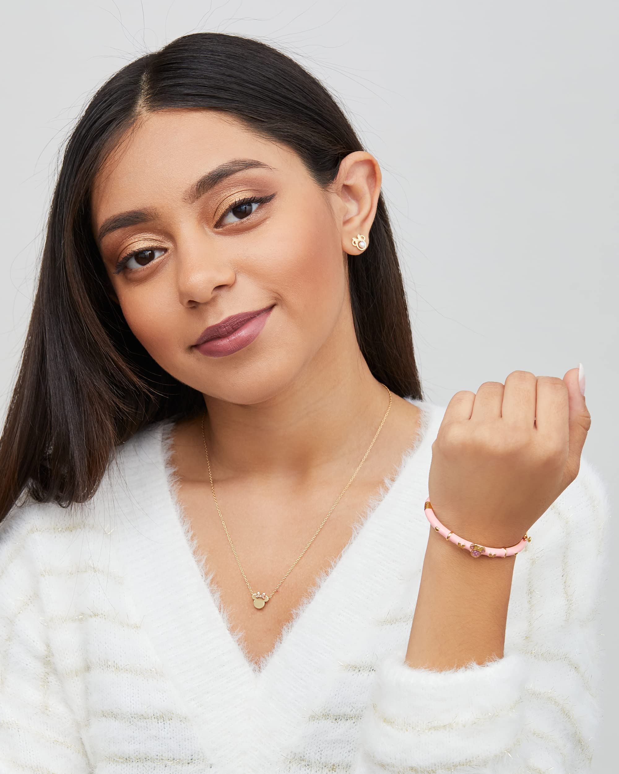 Disney Jewelry for Pink Minnie Mouse Bangle Bracelet, Yellow Flash Plated, Glitter Accent, 6.5