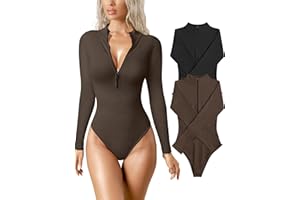 OQQ Women's 2 Piece Bodysuits Sexy Ribbed One Piece Zip Front Long Sleeve Tops Bodysuits
