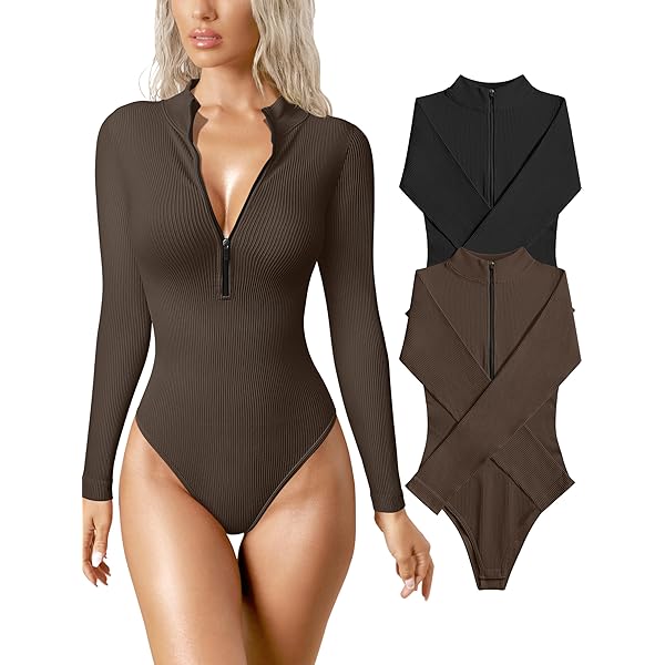 m.u Japoness / エムユー | ORIGINAL M.U RANDOM RIB BODYSUIT  ロンパース | F | オリーブ | レディース MOLERFO Women's 2 Piece Bodysuits Sexy Ribbed One Piece Zip