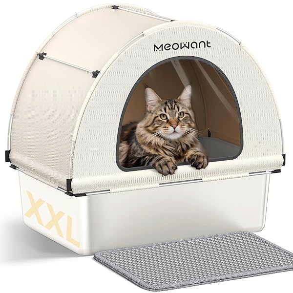 MEOWANT STAINLESS STEEL CAT LITTER BOX, EXTRA LARGE 3-IN-1 COVERED LITTER BOX WITH HIGH SIDED OXFORD FABRIC COVER & EXTENDABLE LITTER SCOOP, LEAKPROOF, ODOR RESISTANT, NON-STICKY, EASY CLEANING