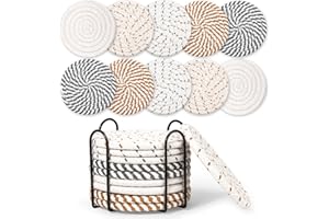 Mckanti 10 Pcs Drink Coasters with Holder, 5 Colors Absorbent Coasters for Drinks, Minimalist Boho Coasters Cotton Woven Coaster Set for Home Decor Tabletop Protection Suitable for Kinds of Cups